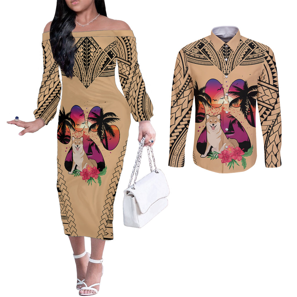 polynesian-couples-matching-off-the-shoulder-long-sleeve-dress-and-long-sleeve-button-shirts-dog-lover-with-shiba-inu-sunset-at-the-beach