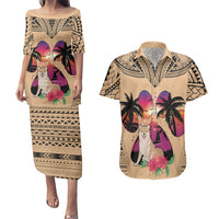 Polynesian Couples Matching Puletasi Dress and Hawaiian Shirt Dog Lover With Shiba Inu - Sunset At The Beach LT7 - Wonder Print Shop