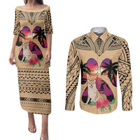Polynesian Couples Matching Puletasi Dress and Long Sleeve Button Shirts Dog Lover With Shiba Inu - Sunset At The Beach LT7 - Wonder Print Shop