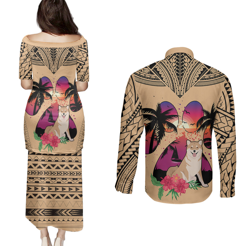 Polynesian Couples Matching Puletasi Dress and Long Sleeve Button Shirts Dog Lover With Shiba Inu - Sunset At The Beach LT7 - Wonder Print Shop