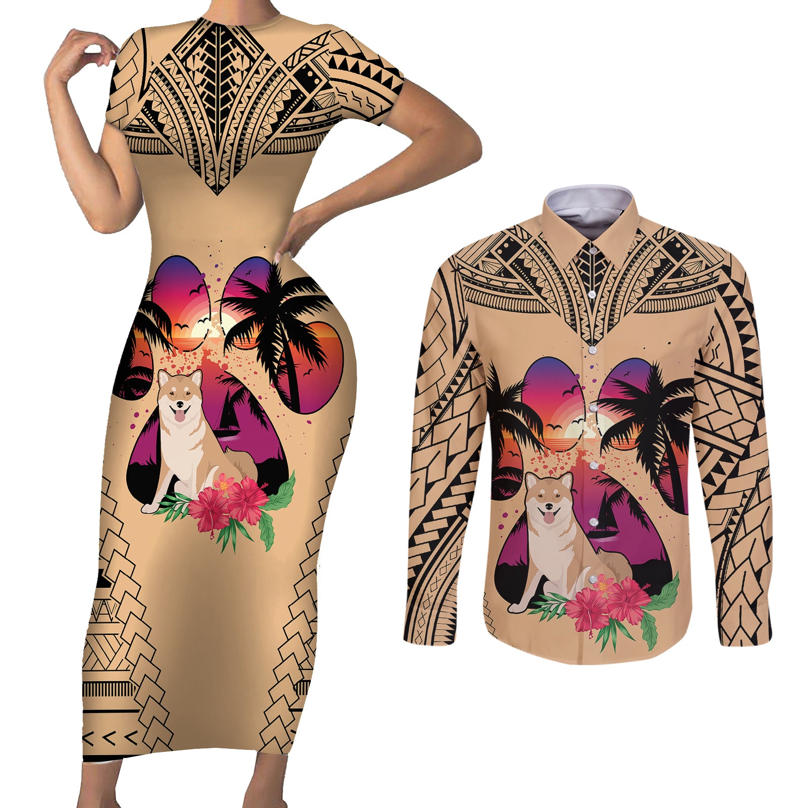 Polynesian Couples Matching Short Sleeve Bodycon Dress and Long Sleeve Button Shirts Dog Lover With Shiba Inu - Sunset At The Beach LT7 - Wonder Print Shop