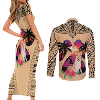 Polynesian Couples Matching Short Sleeve Bodycon Dress and Long Sleeve Button Shirts Dog Lover With Shiba Inu - Sunset At The Beach LT7 - Wonder Print Shop