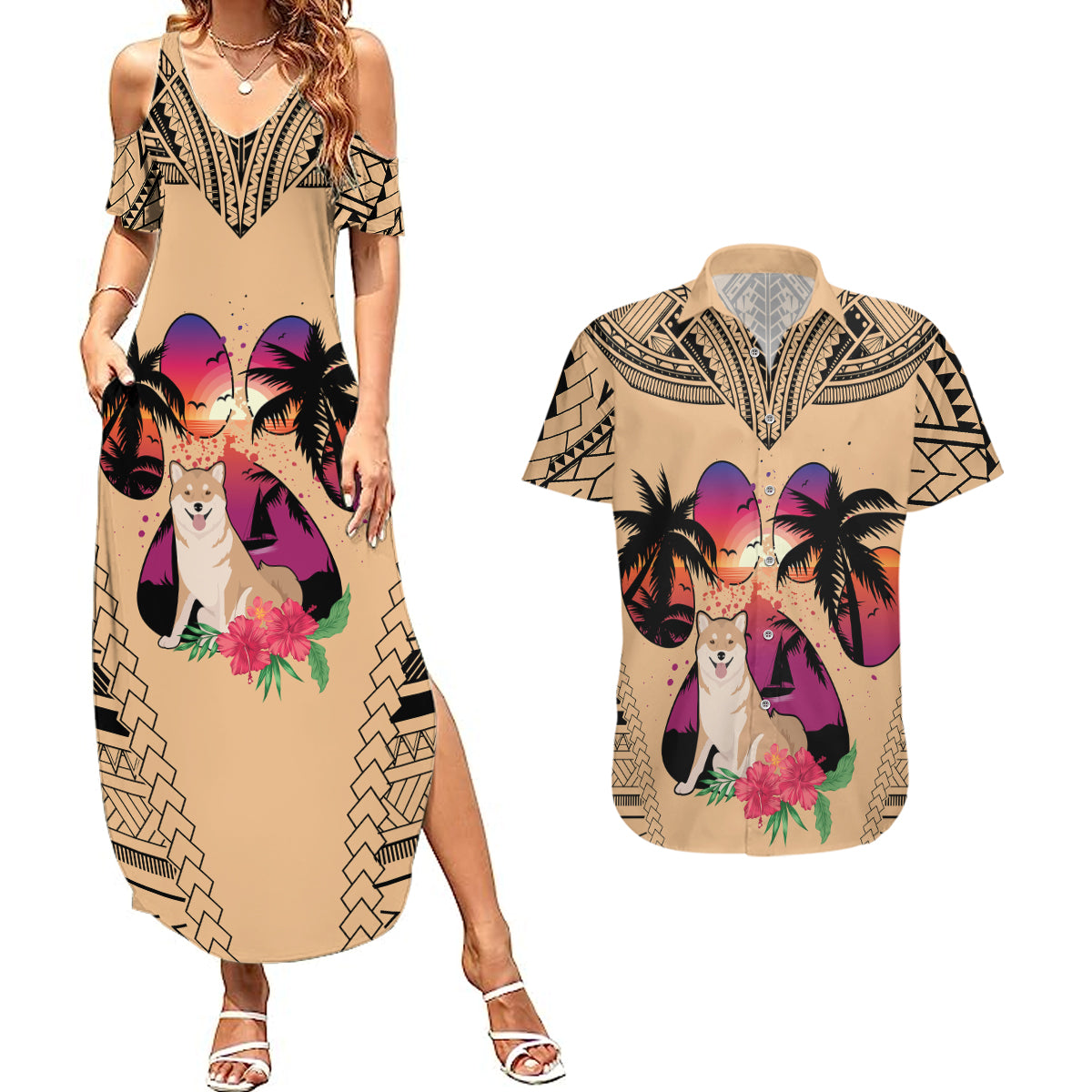 Polynesian Couples Matching Summer Maxi Dress and Hawaiian Shirt Dog Lover With Shiba Inu - Sunset At The Beach LT7 - Wonder Print Shop
