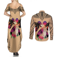 Polynesian Couples Matching Summer Maxi Dress and Long Sleeve Button Shirts Dog Lover With Shiba Inu - Sunset At The Beach LT7 - Wonder Print Shop