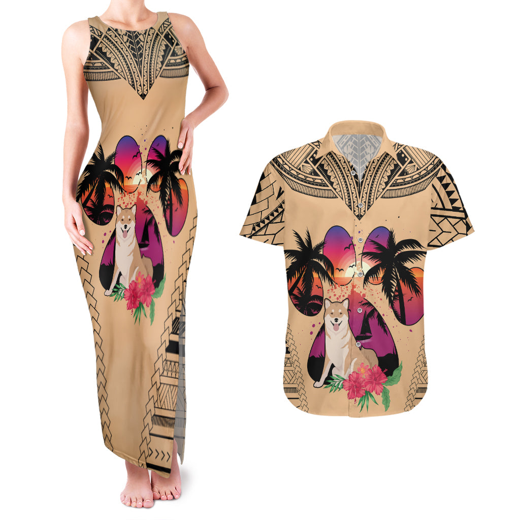 Polynesian Couples Matching Tank Maxi Dress and Hawaiian Shirt Dog Lover With Shiba Inu - Sunset At The Beach LT7 - Wonder Print Shop