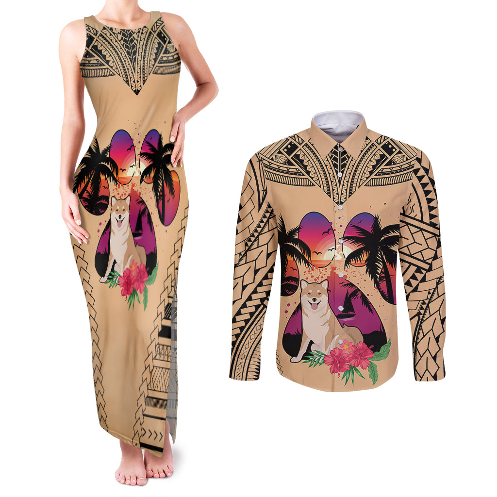 Polynesian Couples Matching Tank Maxi Dress and Long Sleeve Button Shirts Dog Lover With Shiba Inu - Sunset At The Beach LT7 - Wonder Print Shop