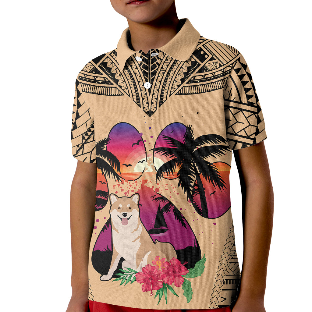 Polynesian Kid Polo Shirt Dog Lover With Shiba Inu - Sunset At The Beach - Wonder Print Shop