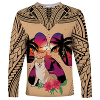 Polynesian Long Sleeve Shirt Dog Lover With Shiba Inu - Sunset At The Beach - Wonder Print Shop