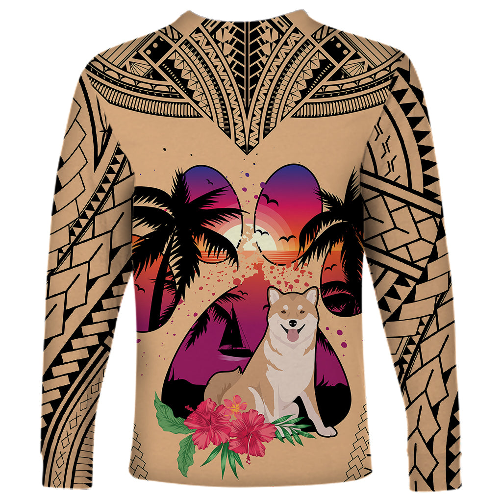 Polynesian Long Sleeve Shirt Dog Lover With Shiba Inu - Sunset At The Beach - Wonder Print Shop