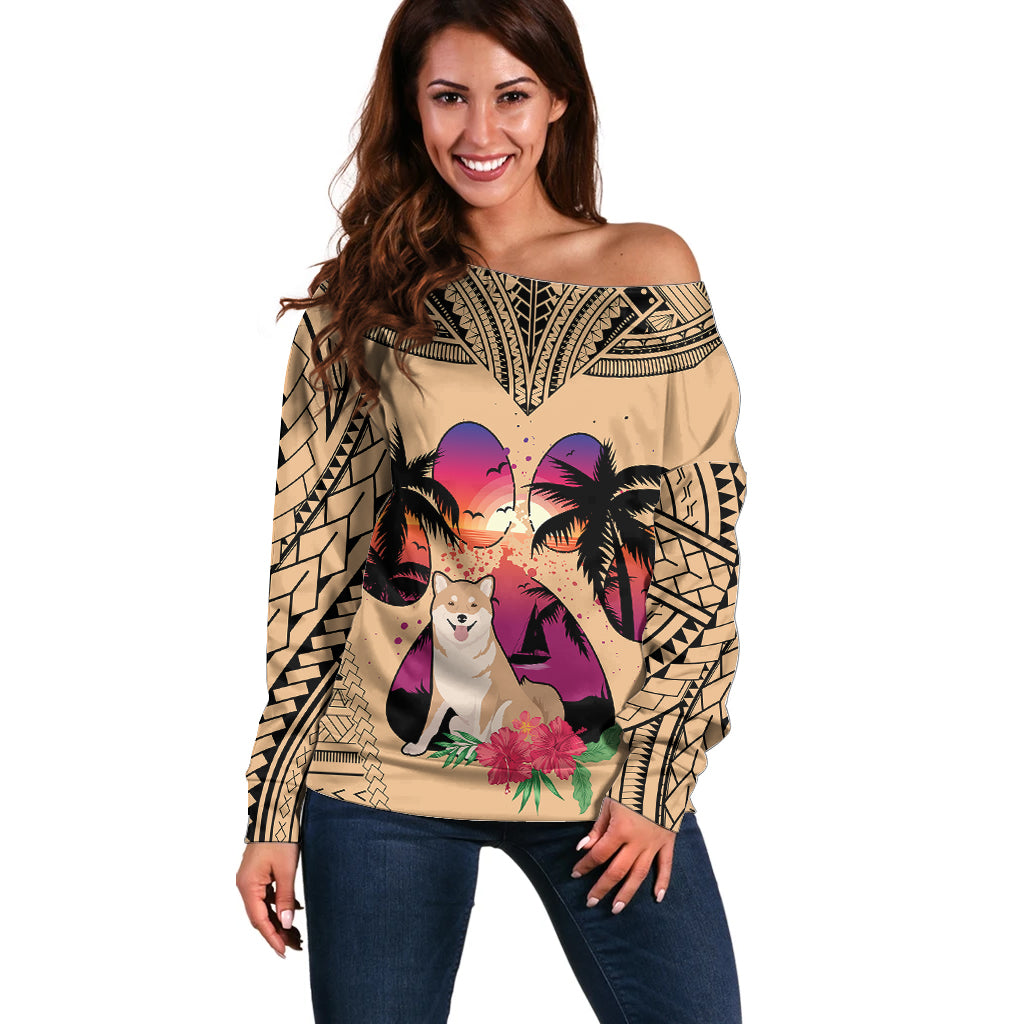 Polynesian Off Shoulder Sweater Dog Lover With Shiba Inu - Sunset At The Beach - Wonder Print Shop