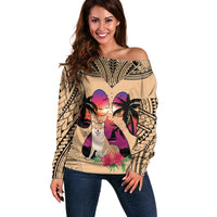 Polynesian Off Shoulder Sweater Dog Lover With Shiba Inu - Sunset At The Beach - Wonder Print Shop
