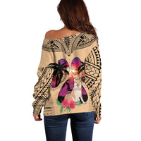 Polynesian Off Shoulder Sweater Dog Lover With Shiba Inu - Sunset At The Beach - Wonder Print Shop