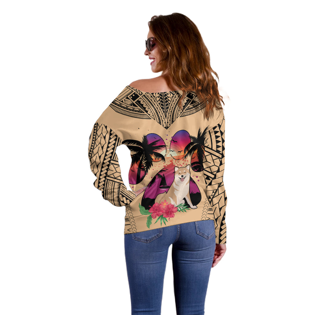 Polynesian Off Shoulder Sweater Dog Lover With Shiba Inu - Sunset At The Beach - Wonder Print Shop