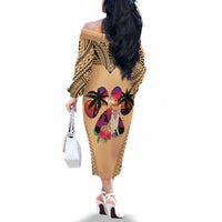 Polynesian Off The Shoulder Long Sleeve Dress Dog Lover With Shiba Inu - Sunset At The Beach - Wonder Print Shop
