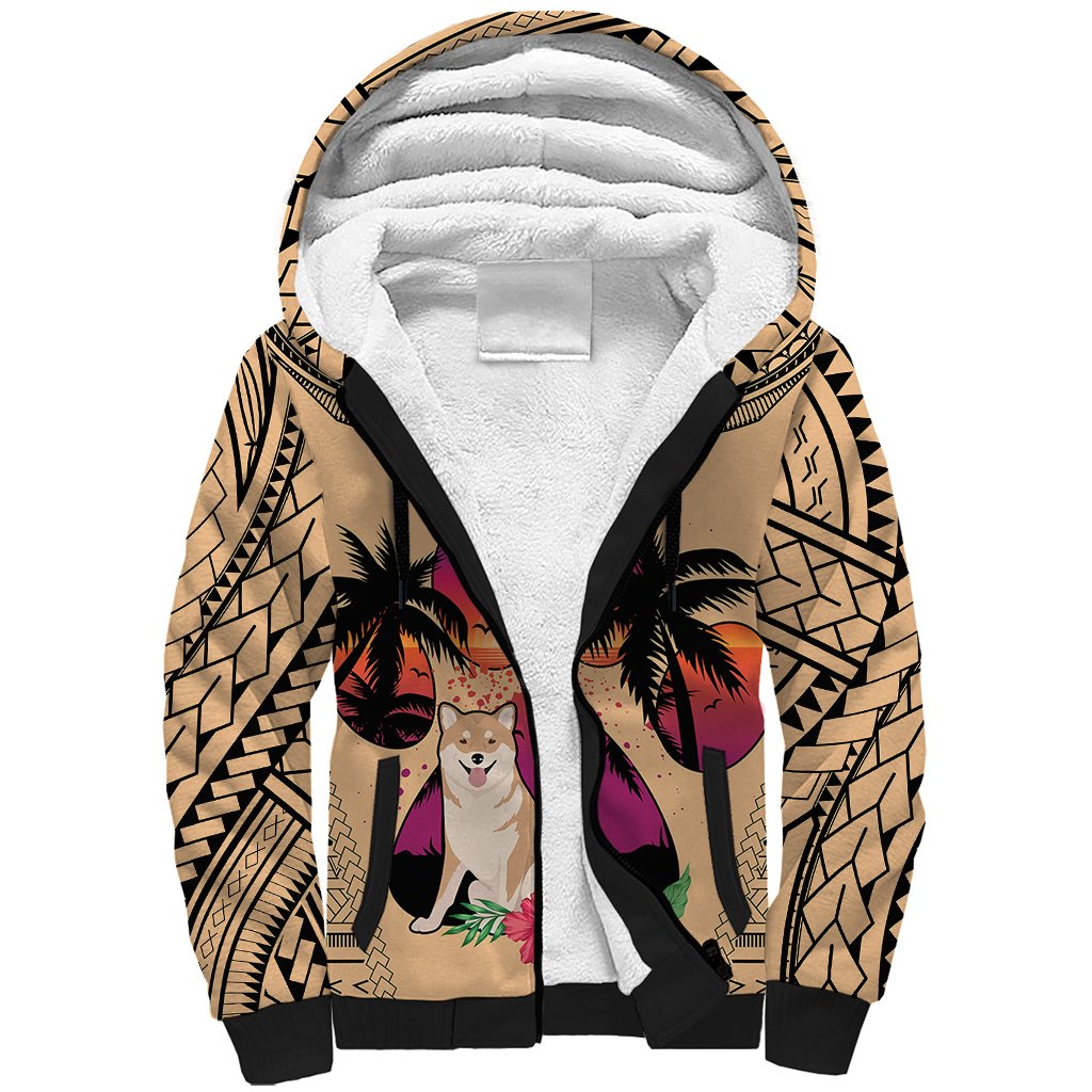 Polynesian Sherpa Hoodie Dog Lover With Shiba Inu - Sunset At The Beach - Wonder Print Shop