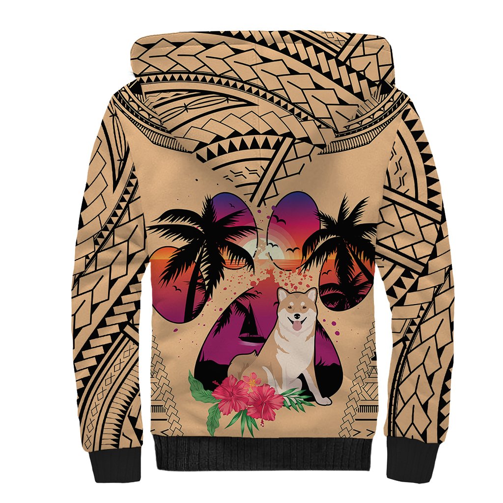 Polynesian Sherpa Hoodie Dog Lover With Shiba Inu - Sunset At The Beach - Wonder Print Shop