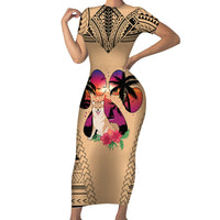 Polynesian Short Sleeve Bodycon Dress Dog Lover With Shiba Inu - Sunset At The Beach - Wonder Print Shop