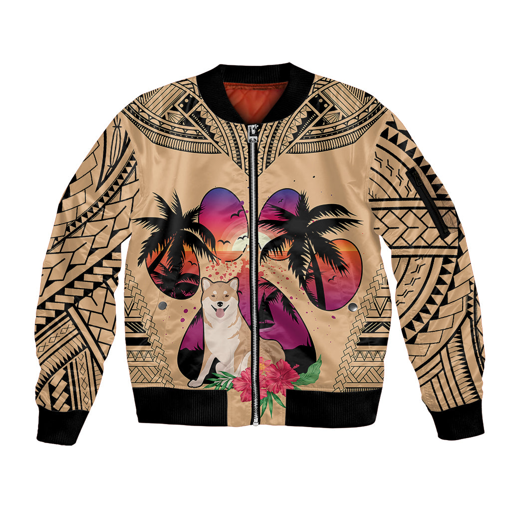 Polynesian Sleeve Zip Bomber Jacket Dog Lover With Shiba Inu - Sunset At The Beach - Wonder Print Shop
