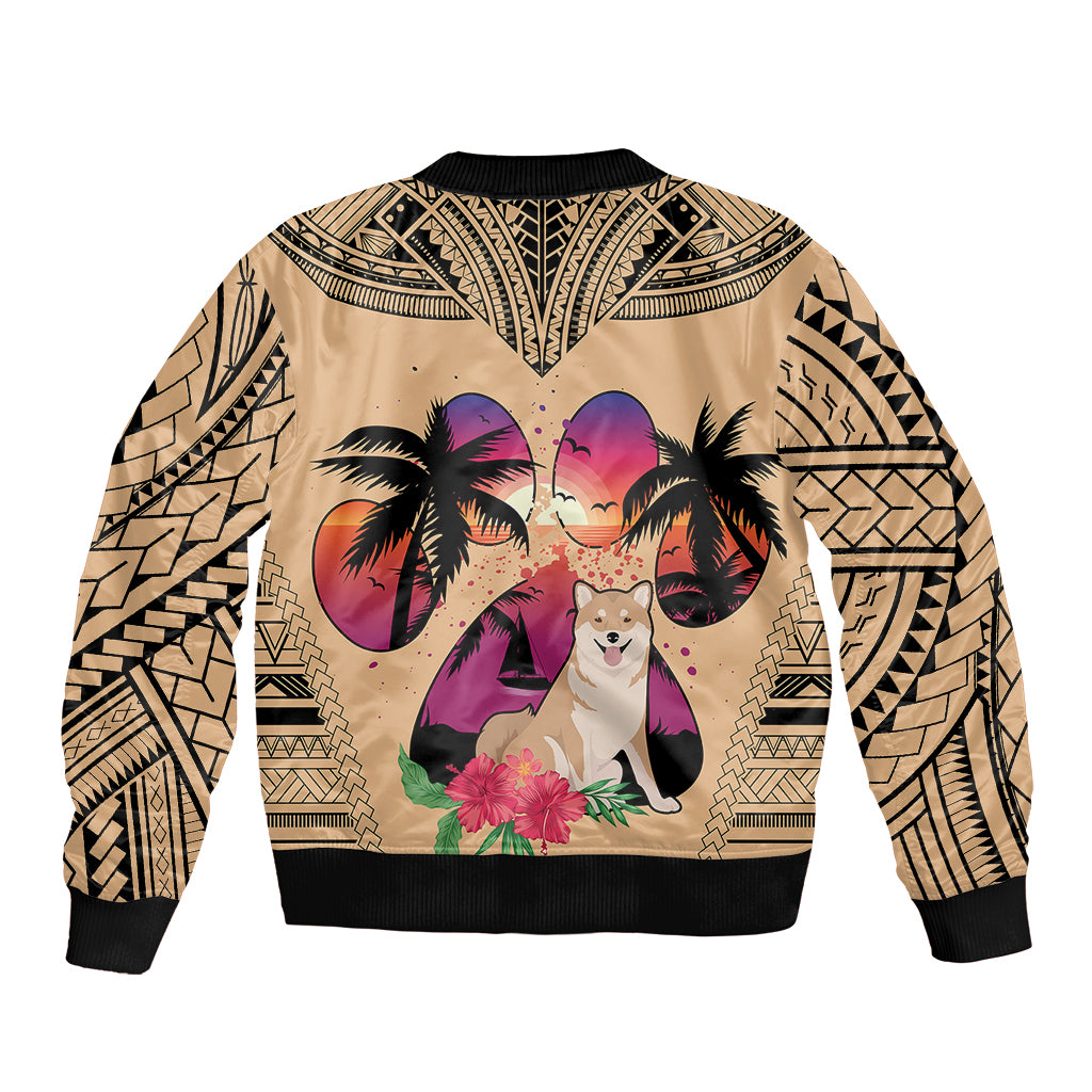 Polynesian Sleeve Zip Bomber Jacket Dog Lover With Shiba Inu - Sunset At The Beach - Wonder Print Shop