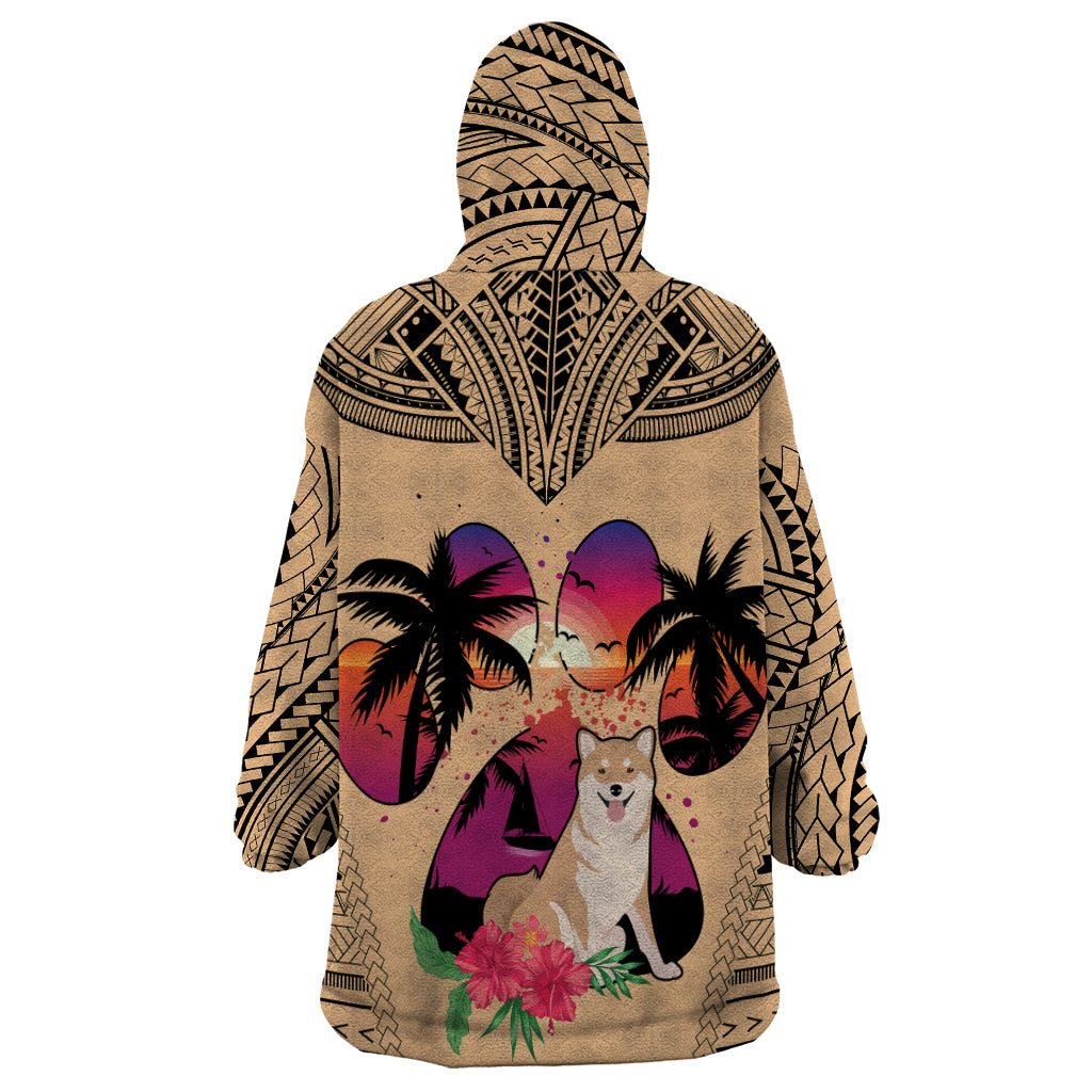 Polynesian Wearable Blanket Hoodie Dog Lover With Shiba Inu - Sunset At The Beach - Wonder Print Shop