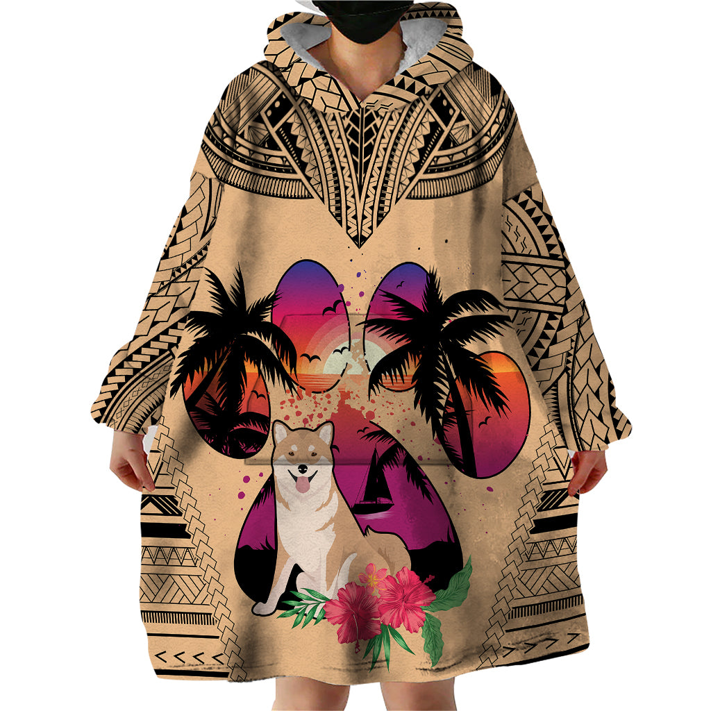 Polynesian Wearable Blanket Hoodie Dog Lover With Shiba Inu - Sunset At The Beach - Wonder Print Shop