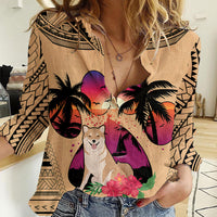Polynesian Women Casual Shirt Dog Lover With Shiba Inu - Sunset At The Beach - Wonder Print Shop