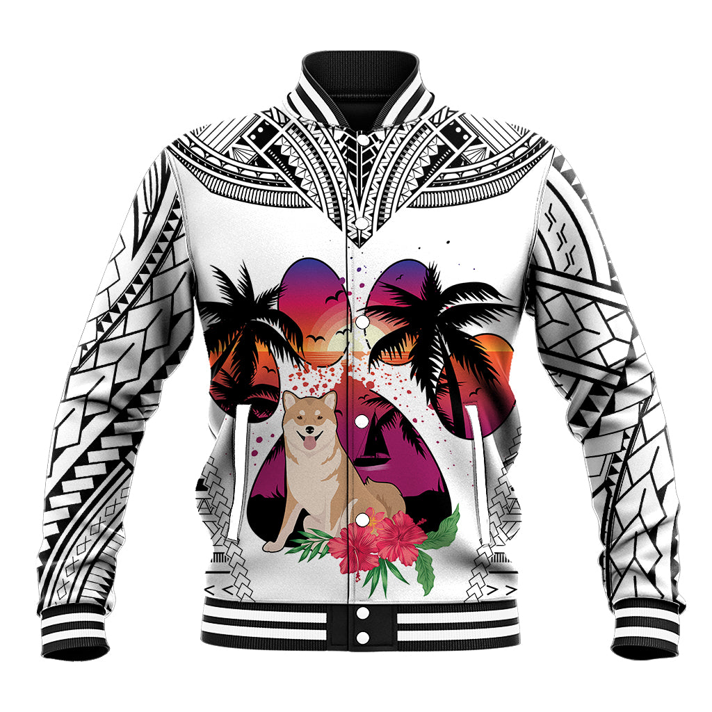 Polynesian Baseball Jacket Dog Lover With Shiba Inu - Sunset At The Beach White Ver LT7 - Wonder Print Shop