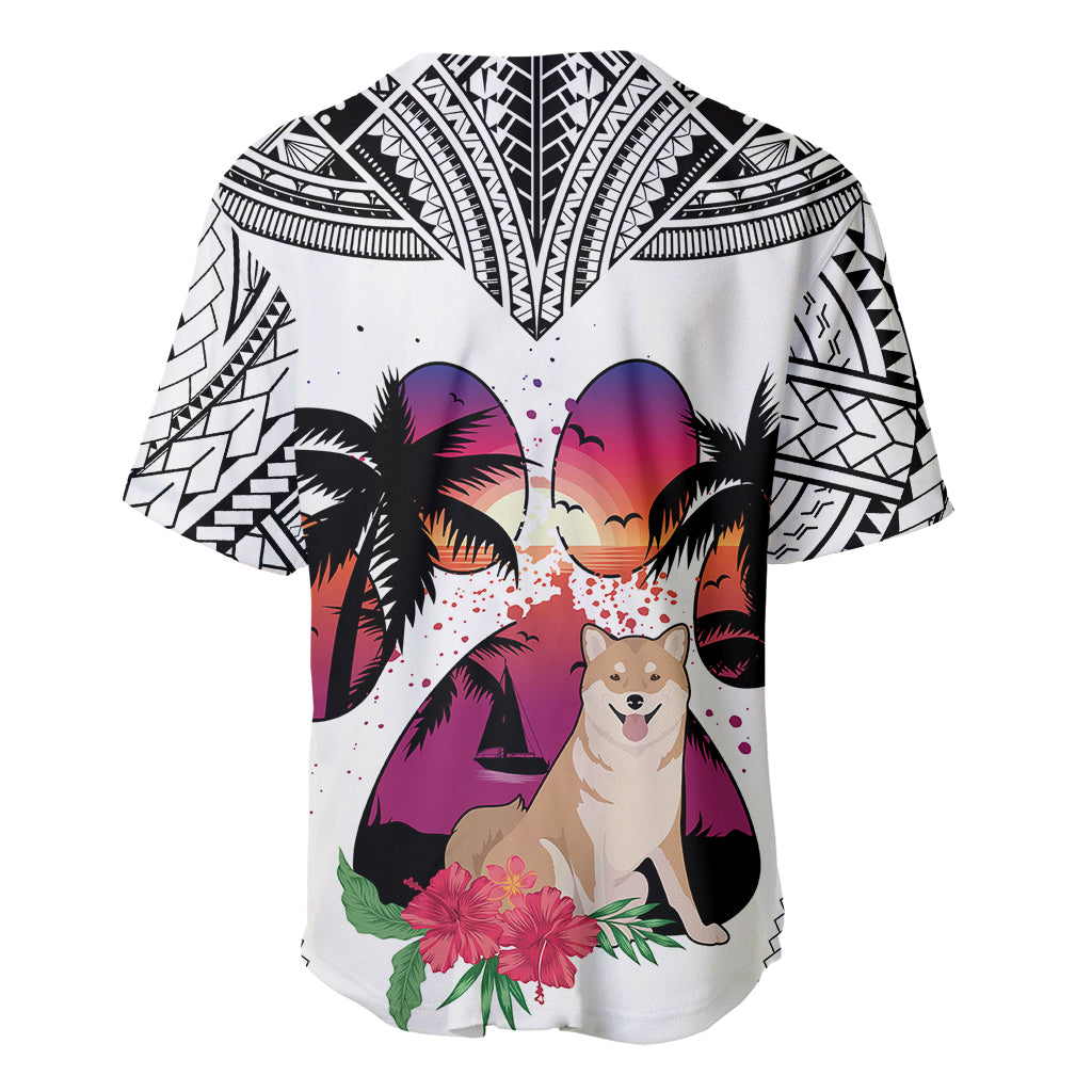 Polynesian Baseball Jersey Dog Lover With Shiba Inu - Sunset At The Beach White Ver LT7 - Wonder Print Shop