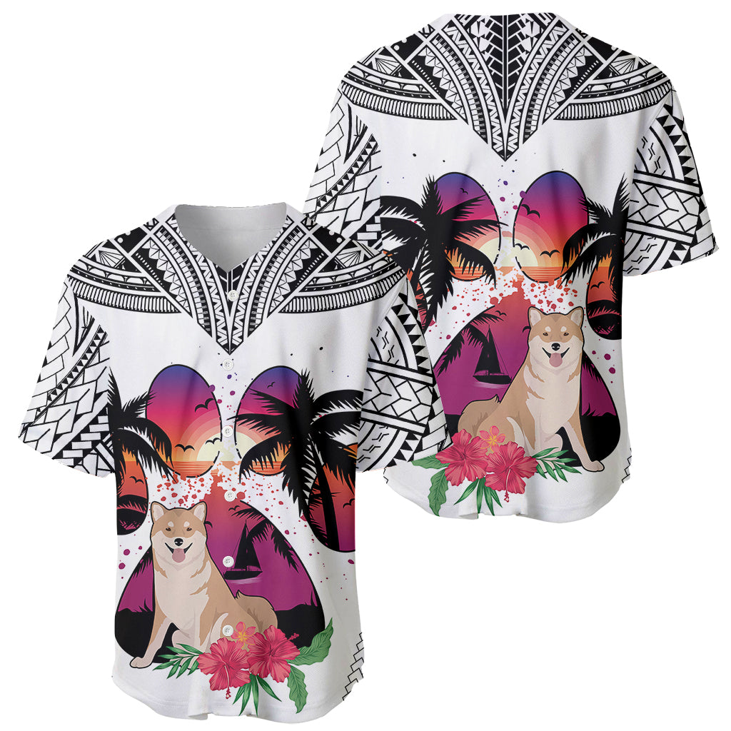 Polynesian Baseball Jersey Dog Lover With Shiba Inu - Sunset At The Beach White Ver LT7 - Wonder Print Shop