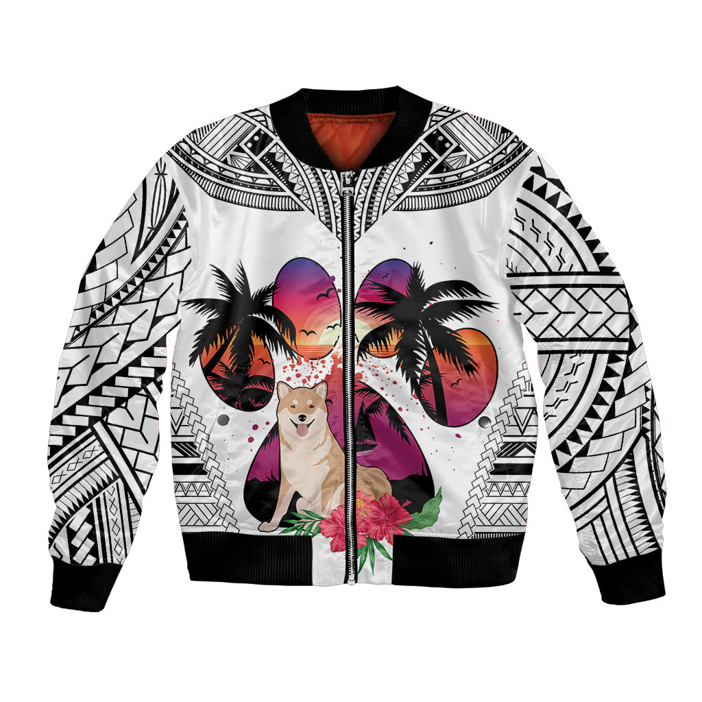 Polynesian Bomber Jacket Dog Lover With Shiba Inu - Sunset At The Beach White Ver LT7 - Wonder Print Shop