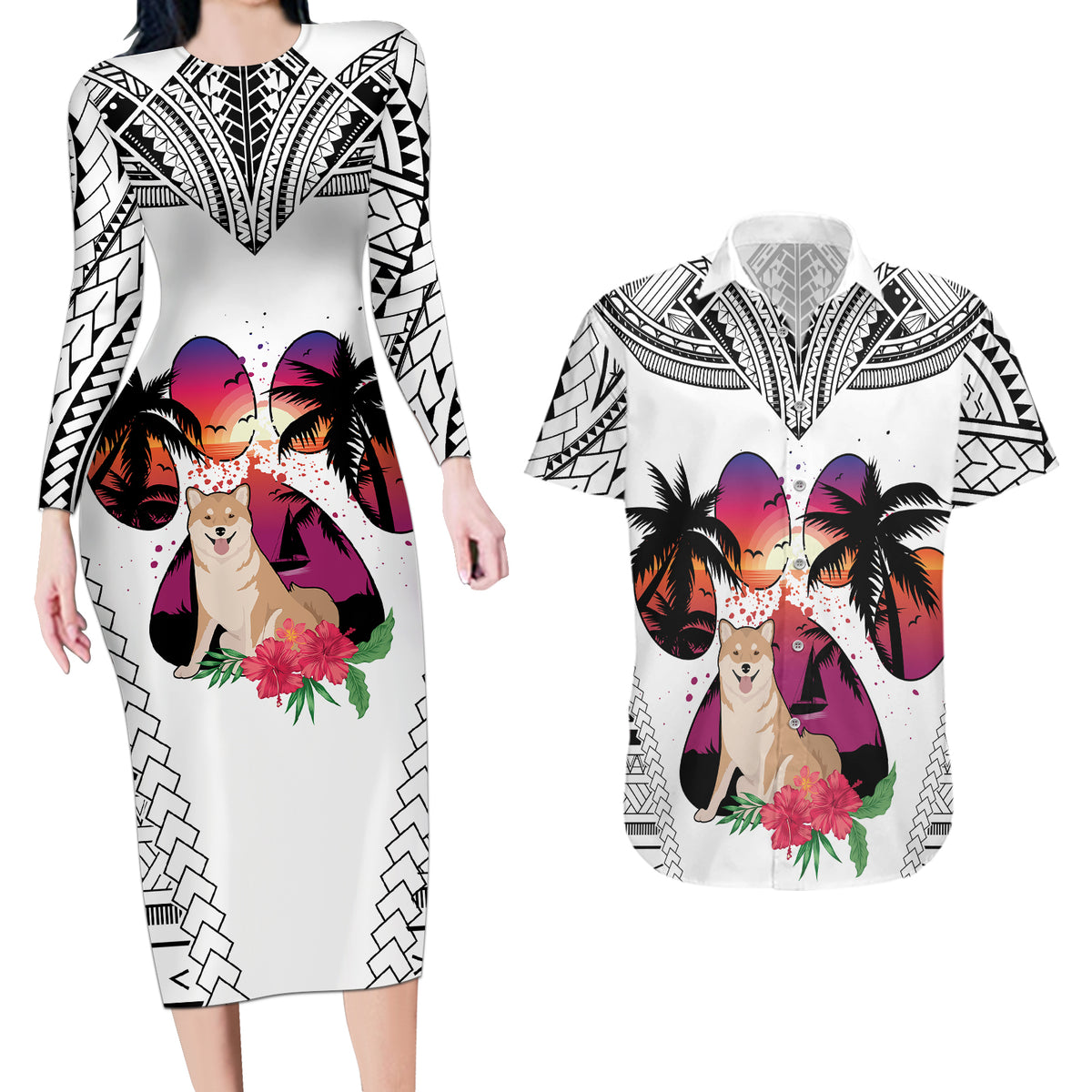 Polynesian Couples Matching Long Sleeve Bodycon Dress and Hawaiian Shirt Dog Lover With Shiba Inu - Sunset At The Beach White Ver LT7 - Wonder Print Shop