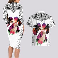Polynesian Couples Matching Long Sleeve Bodycon Dress and Hawaiian Shirt Dog Lover With Shiba Inu - Sunset At The Beach White Ver LT7 - Wonder Print Shop