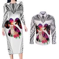 Polynesian Couples Matching Long Sleeve Bodycon Dress and Long Sleeve Button Shirts Dog Lover With Shiba Inu - Sunset At The Beach White Ver LT7 - Wonder Print Shop