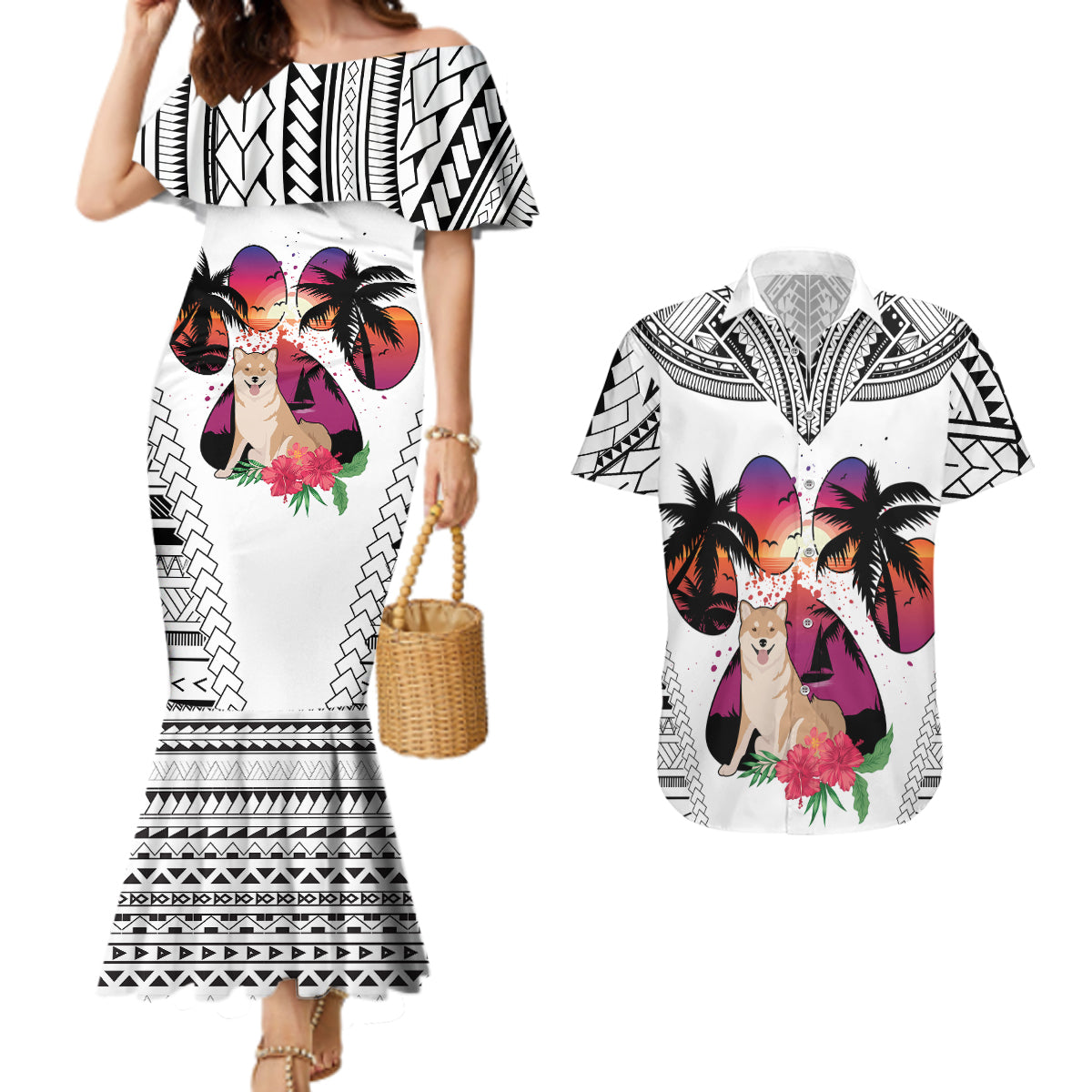 Polynesian Couples Matching Mermaid Dress and Hawaiian Shirt Dog Lover With Shiba Inu - Sunset At The Beach White Ver LT7 - Wonder Print Shop
