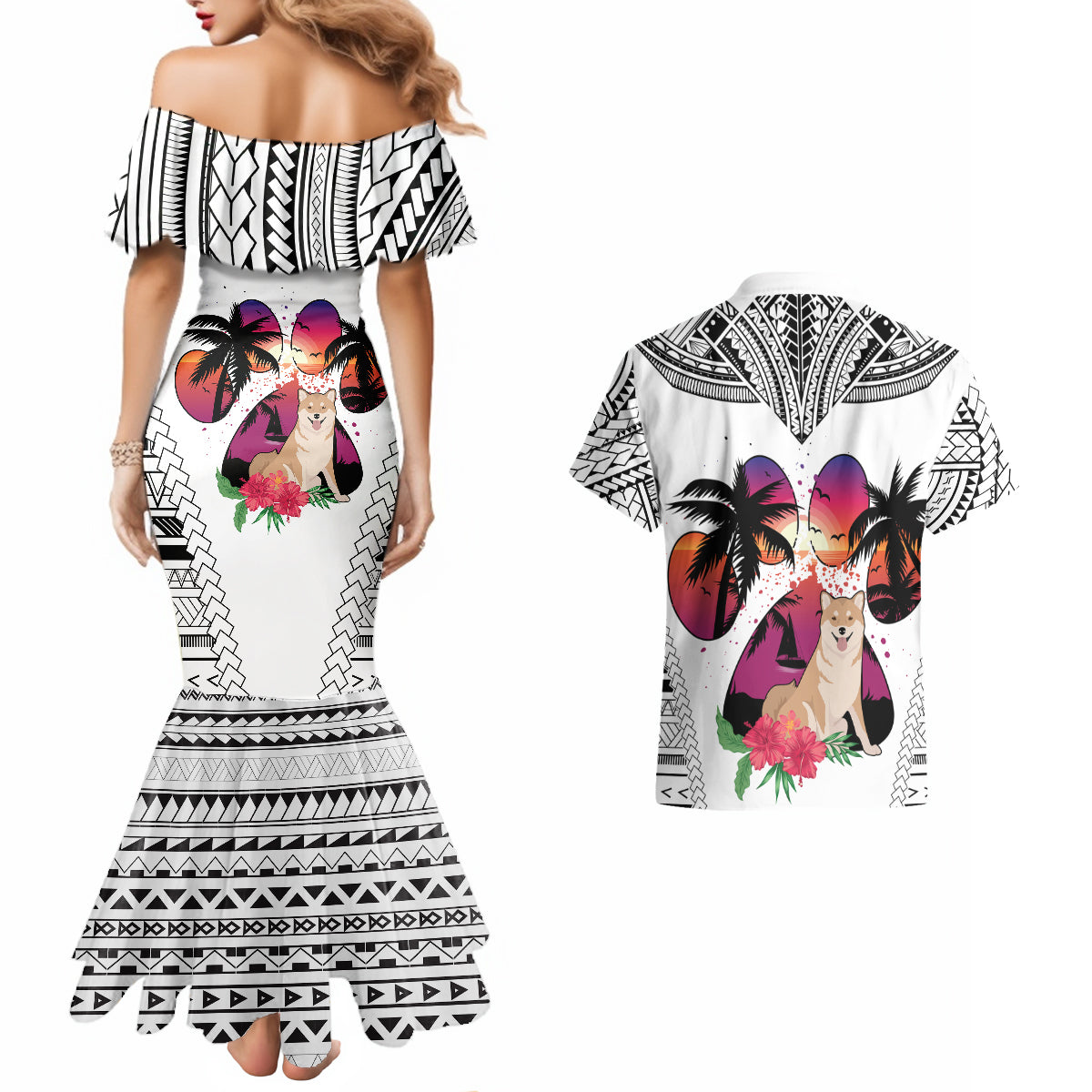 Polynesian Couples Matching Mermaid Dress and Hawaiian Shirt Dog Lover With Shiba Inu - Sunset At The Beach White Ver LT7 - Wonder Print Shop