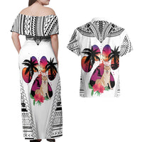 Polynesian Couples Matching Off Shoulder Maxi Dress and Hawaiian Shirt Dog Lover With Shiba Inu - Sunset At The Beach White Ver LT7 - Wonder Print Shop