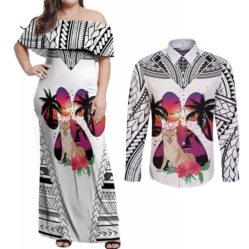 Polynesian Couples Matching Off Shoulder Maxi Dress and Long Sleeve Button Shirts Dog Lover With Shiba Inu - Sunset At The Beach White Ver LT7 - Wonder Print Shop