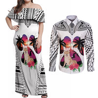 Polynesian Couples Matching Off Shoulder Maxi Dress and Long Sleeve Button Shirts Dog Lover With Shiba Inu - Sunset At The Beach White Ver LT7 - Wonder Print Shop