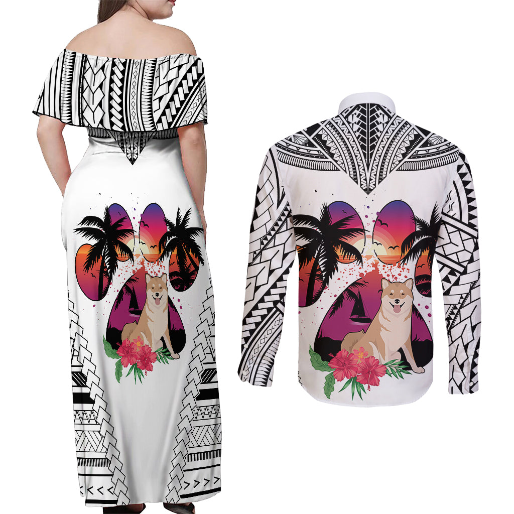 Polynesian Couples Matching Off Shoulder Maxi Dress and Long Sleeve Button Shirts Dog Lover With Shiba Inu - Sunset At The Beach White Ver LT7 - Wonder Print Shop