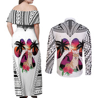 Polynesian Couples Matching Off Shoulder Maxi Dress and Long Sleeve Button Shirts Dog Lover With Shiba Inu - Sunset At The Beach White Ver LT7 - Wonder Print Shop