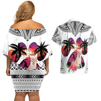 Polynesian Couples Matching Off Shoulder Short Dress and Hawaiian Shirt Dog Lover With Shiba Inu - Sunset At The Beach White Ver LT7 - Wonder Print Shop