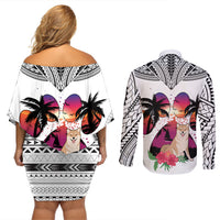 Polynesian Couples Matching Off Shoulder Short Dress and Long Sleeve Button Shirts Dog Lover With Shiba Inu - Sunset At The Beach White Ver LT7 - Wonder Print Shop