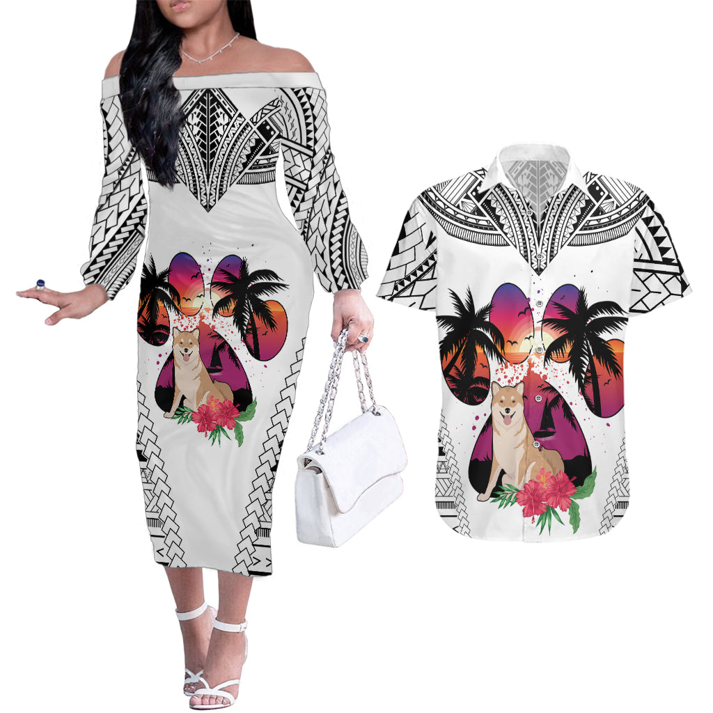 Polynesian Couples Matching Off The Shoulder Long Sleeve Dress and Hawaiian Shirt Dog Lover With Shiba Inu - Sunset At The Beach White Ver LT7 - Wonder Print Shop