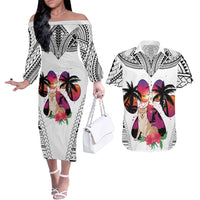 Polynesian Couples Matching Off The Shoulder Long Sleeve Dress and Hawaiian Shirt Dog Lover With Shiba Inu - Sunset At The Beach White Ver LT7 - Wonder Print Shop