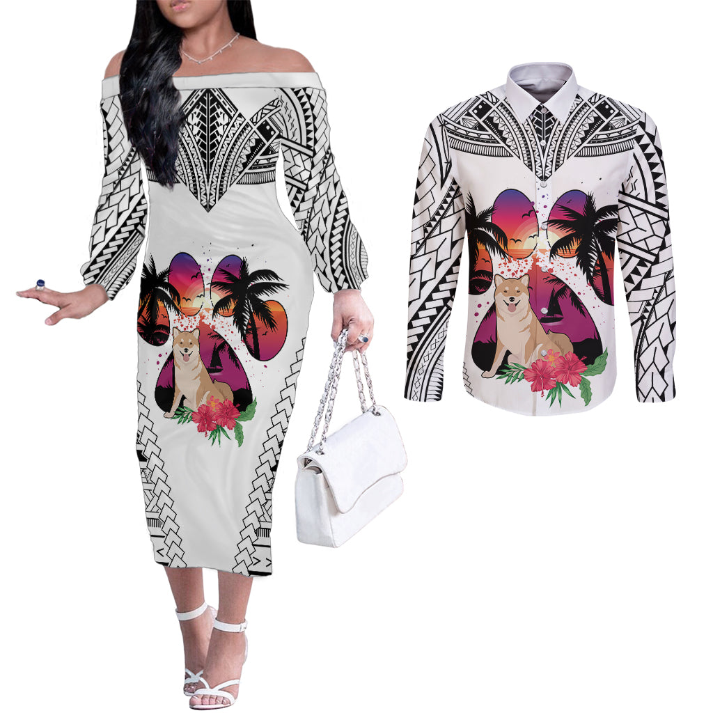 polynesian-couples-matching-off-the-shoulder-long-sleeve-dress-and-long-sleeve-button-shirts-dog-lover-with-shiba-inu-sunset-at-the-beach-white-ver