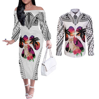 polynesian-couples-matching-off-the-shoulder-long-sleeve-dress-and-long-sleeve-button-shirts-dog-lover-with-shiba-inu-sunset-at-the-beach-white-ver