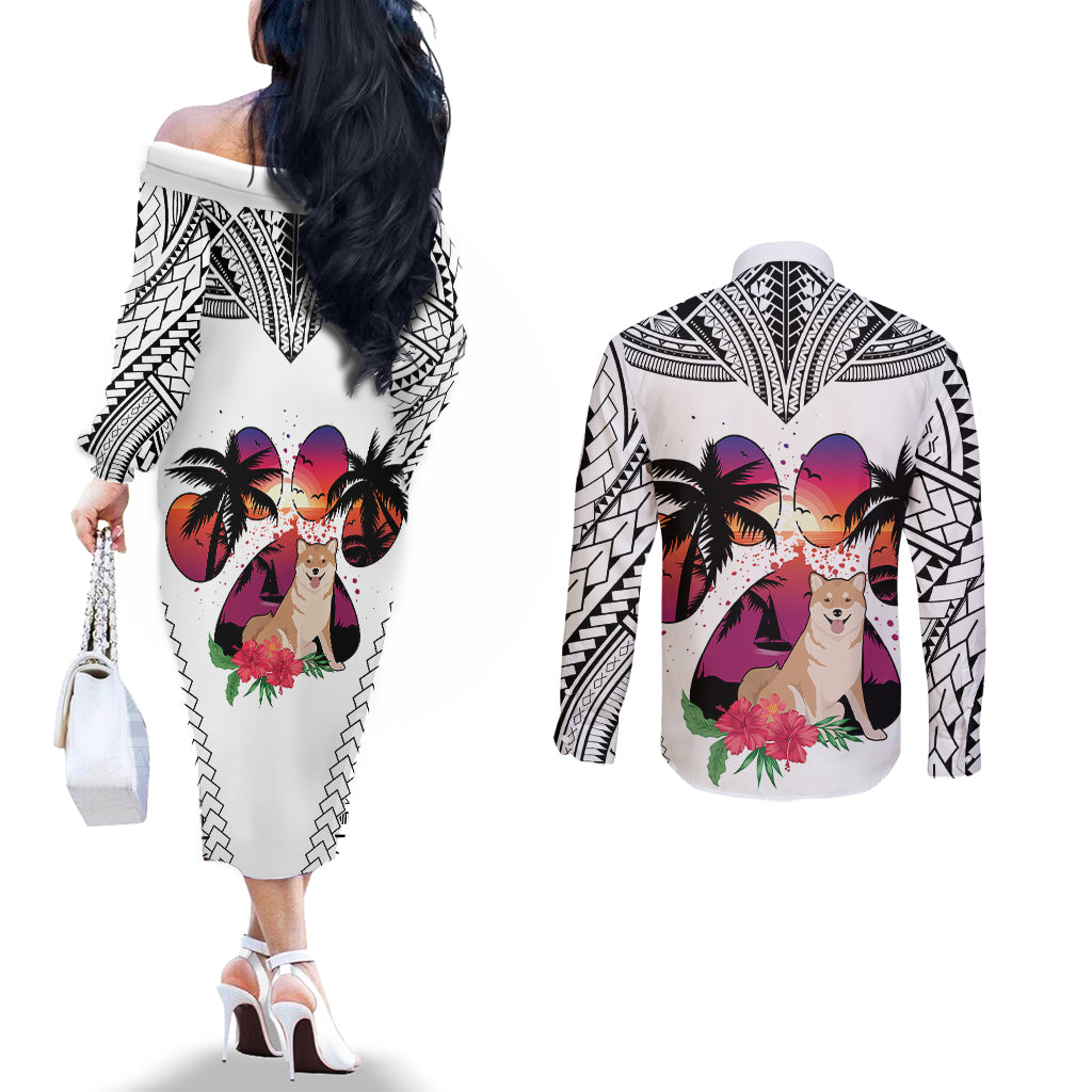 polynesian-couples-matching-off-the-shoulder-long-sleeve-dress-and-long-sleeve-button-shirts-dog-lover-with-shiba-inu-sunset-at-the-beach-white-ver