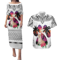 Polynesian Couples Matching Puletasi Dress and Hawaiian Shirt Dog Lover With Shiba Inu - Sunset At The Beach White Ver LT7 - Wonder Print Shop