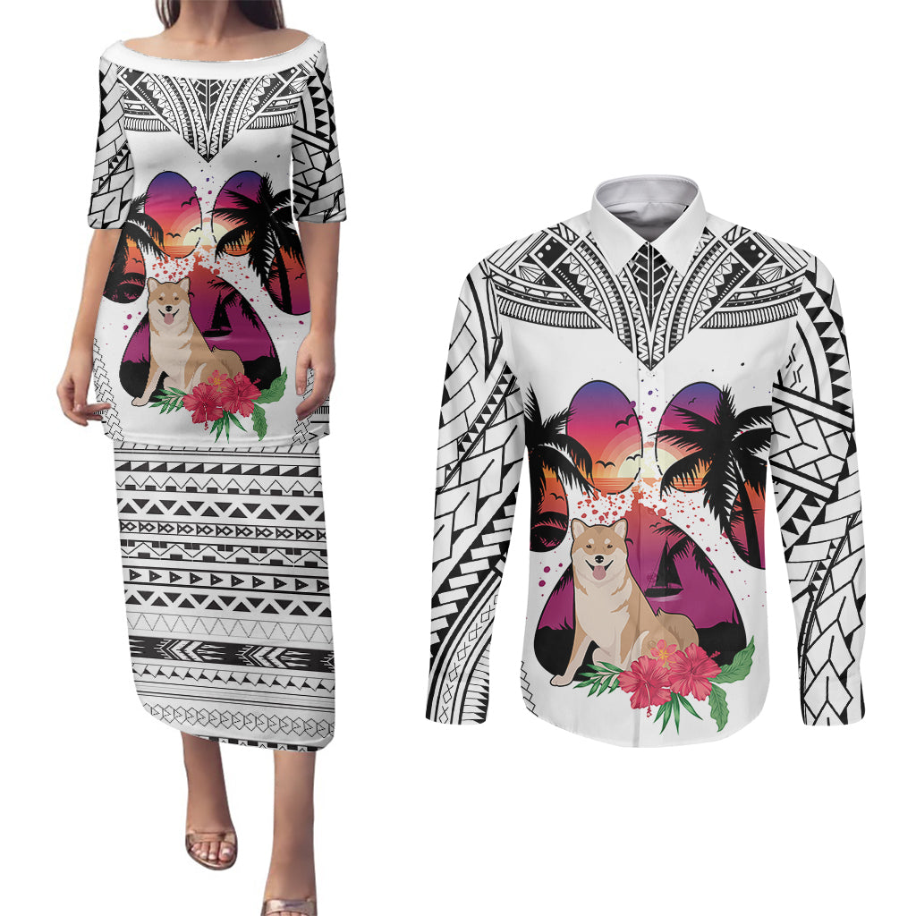 Polynesian Couples Matching Puletasi Dress and Long Sleeve Button Shirts Dog Lover With Shiba Inu - Sunset At The Beach White Ver LT7 - Wonder Print Shop