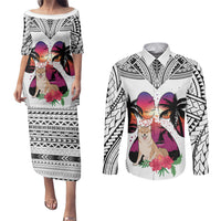 Polynesian Couples Matching Puletasi Dress and Long Sleeve Button Shirts Dog Lover With Shiba Inu - Sunset At The Beach White Ver LT7 - Wonder Print Shop